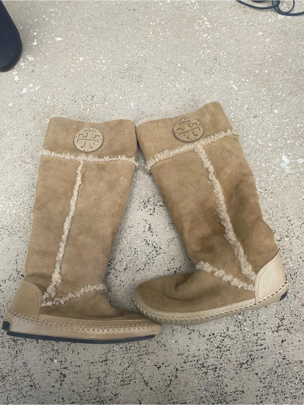 Tory Burch Tan Suede Shearling-Trim Knee Boots